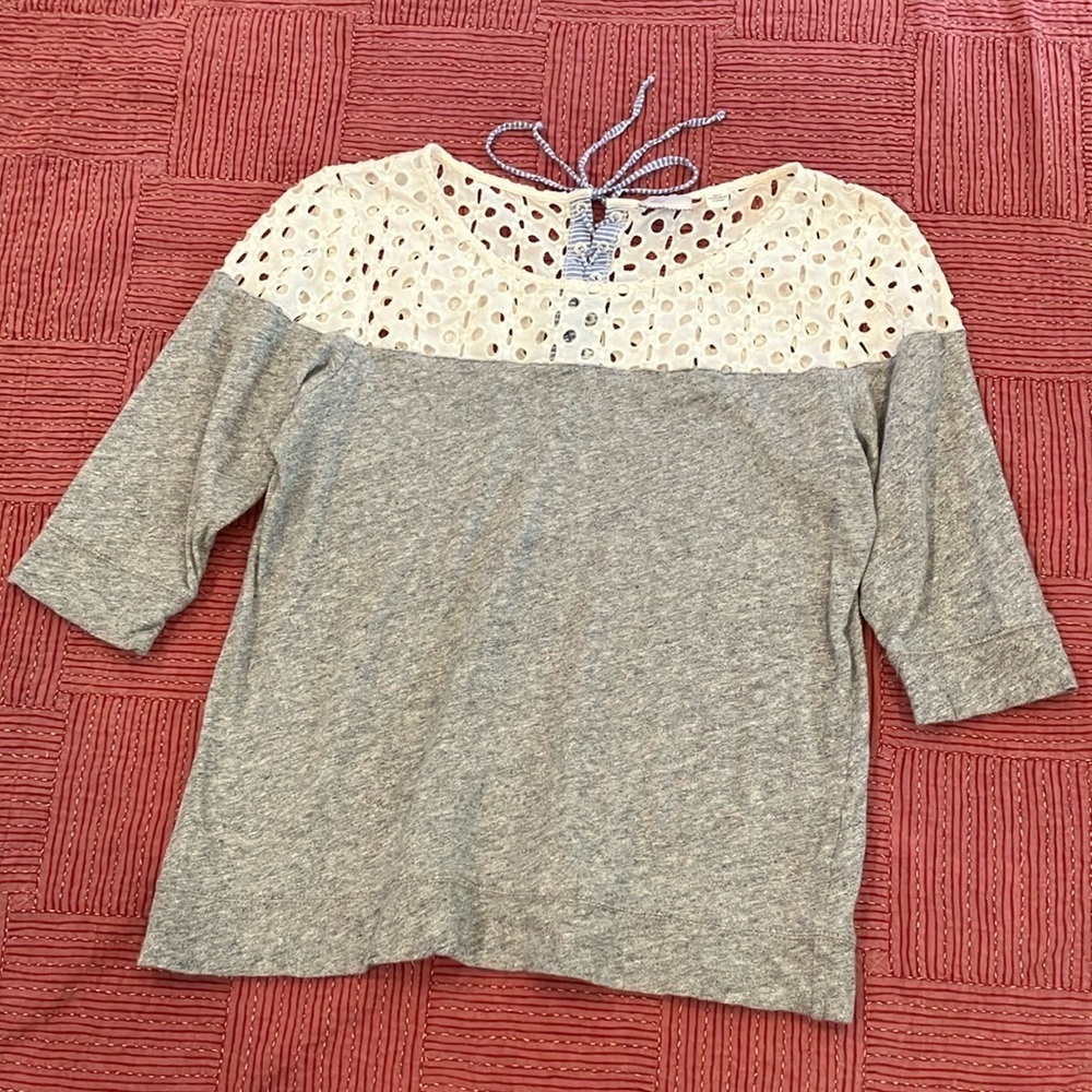 Anthropologie eyelet and sailors pinstripe 3/4 Sleeve Tie back Blouse